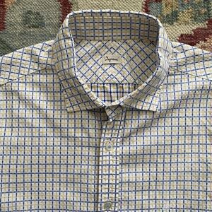 Ingram Seersucker Shirt XL Blue Yellow Plaid Cotton Button Front